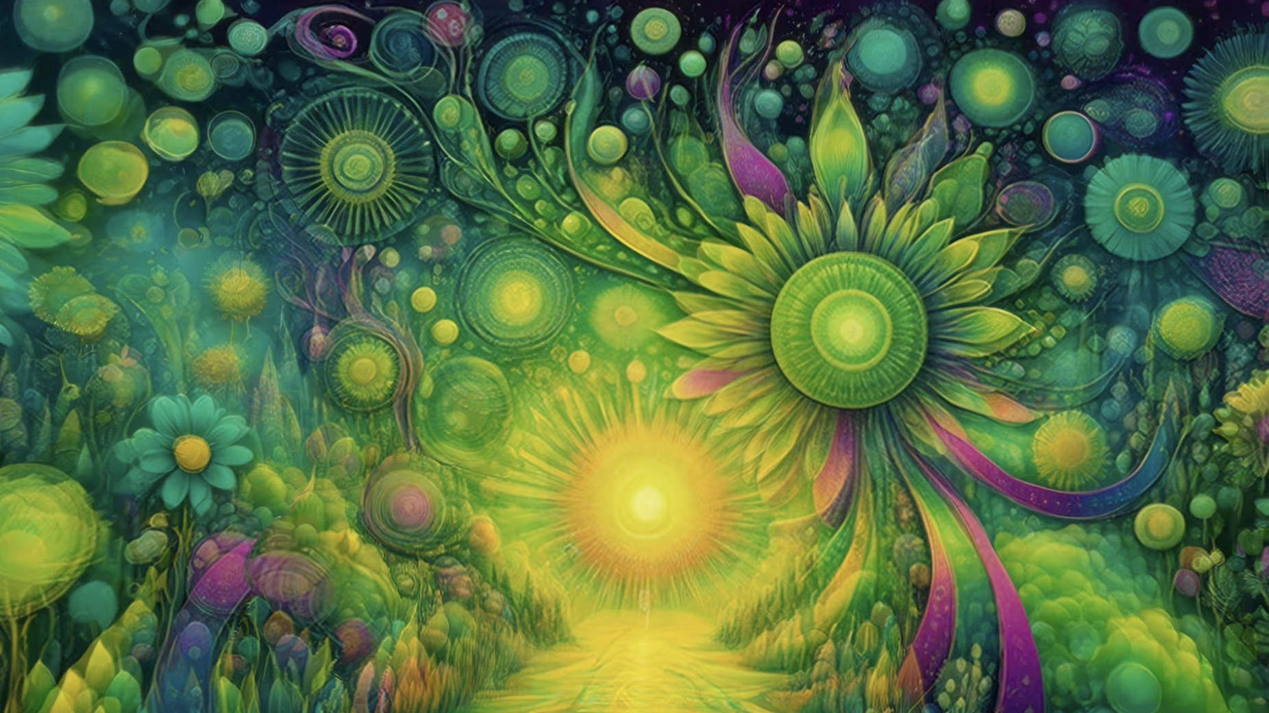 Radiant green lotus-sun blooming above a luminous river of petals, surrounded by swirling orbs and foliage.